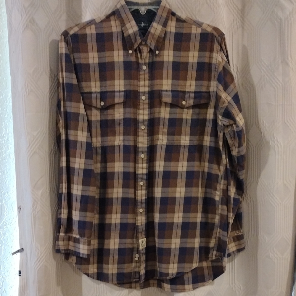 Hunt Club Brown and Blue Plaid Button-Down Shirt